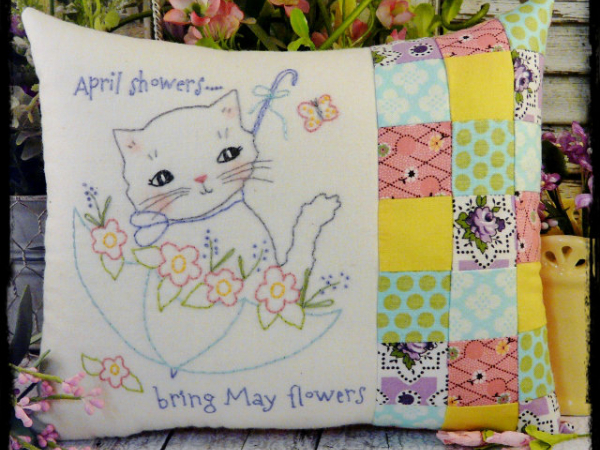 April showers bring may flowers kitty cat embroidery pillow pattern