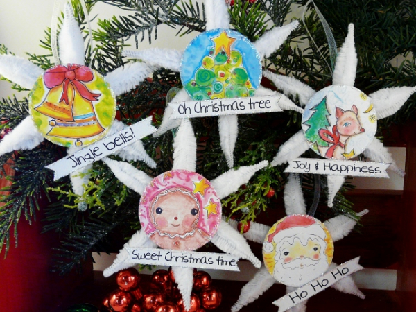 Vintage Christmas ornaments and banner pattern #345. gingerbread man tree deer