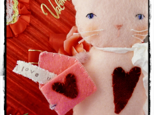 Love U...Kitty cat felt wool banner doll pattern, #351