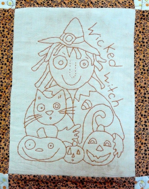 HALLOWEEN ORANGE WORK STITCHERY QUILT pattern witch pumpkin