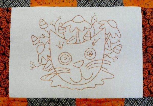 HALLOWEEN ORANGE WORK STITCHERY QUILT pattern cat