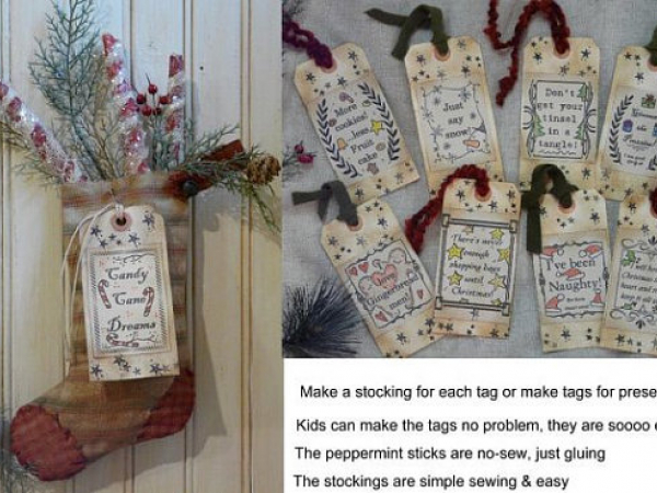 Christmas Stocking,Tags, & primitive Peppermint Sticks PATTERN