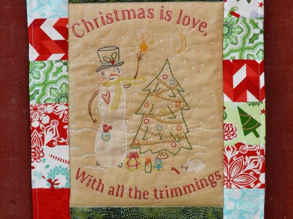 Snowman trimming tree embroidery quilt pattern