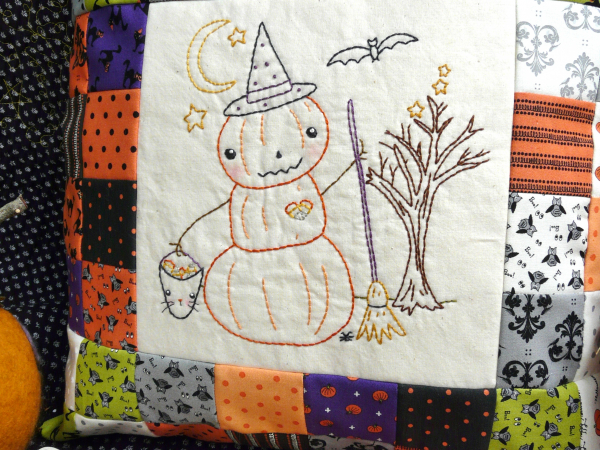 Halloween pumpkin man witch embroidery patchwork pillow pattern