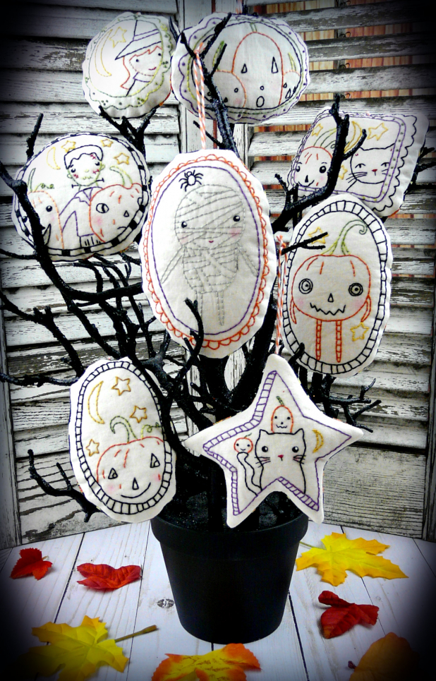 tree with halloween embroidery ornaments