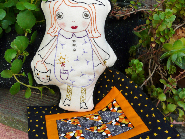 good witch embroidery doll with mini quilt pattern