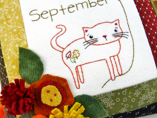 kitty cat september wool flowers apple leaves pillow pattern