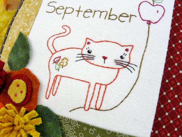 kitty cat september wool flowers apple leaves pillow pattern