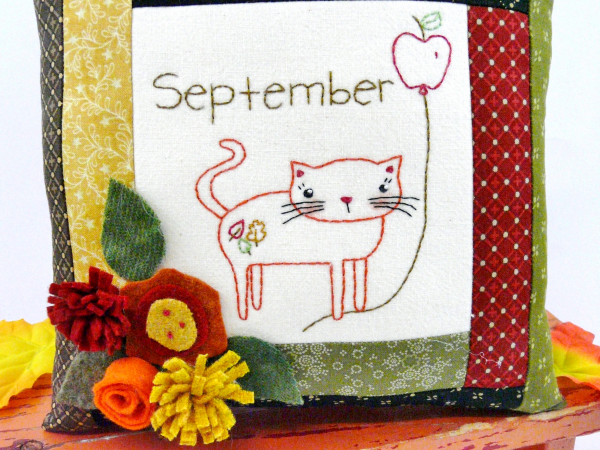 kitty cat september wool flowers apple leaves pillow pattern