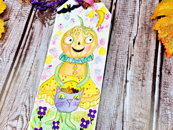 Pumpkin jack o lantern girl Halloween original art tag