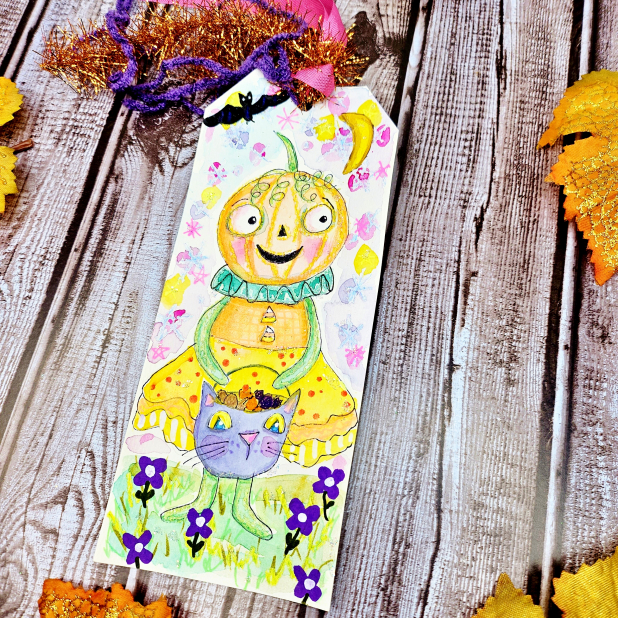 Pumpkin jack o lantern girl Halloween original art tag