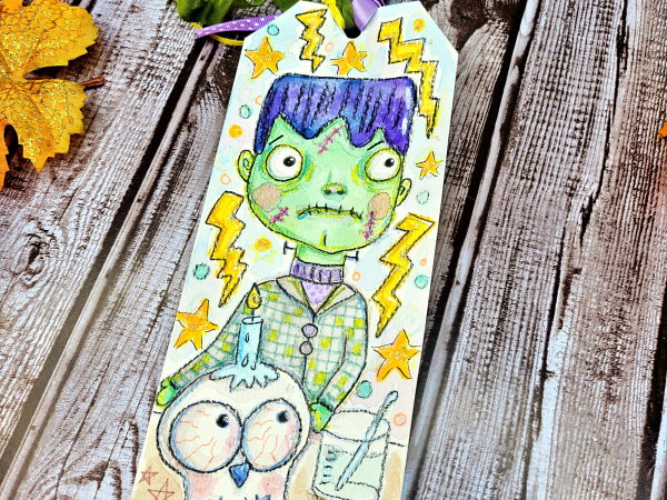 Frankenstein Monster with skull Halloween original art tag