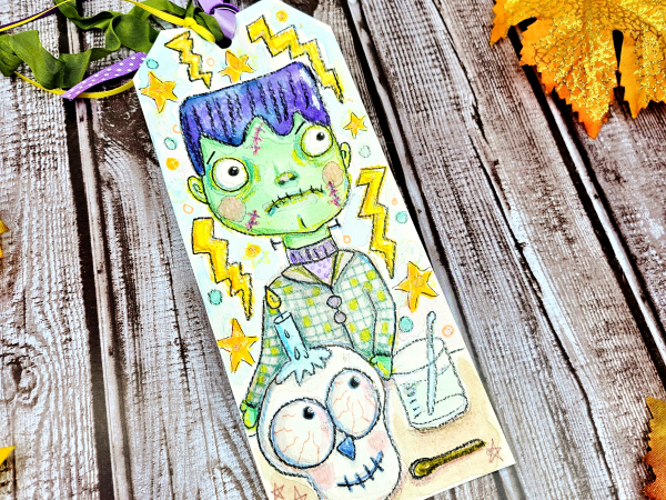 Frankenstein Monster with skull Halloween original art tag