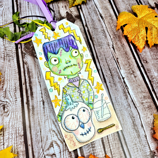 Frankenstein Monster with skull Halloween original art tag