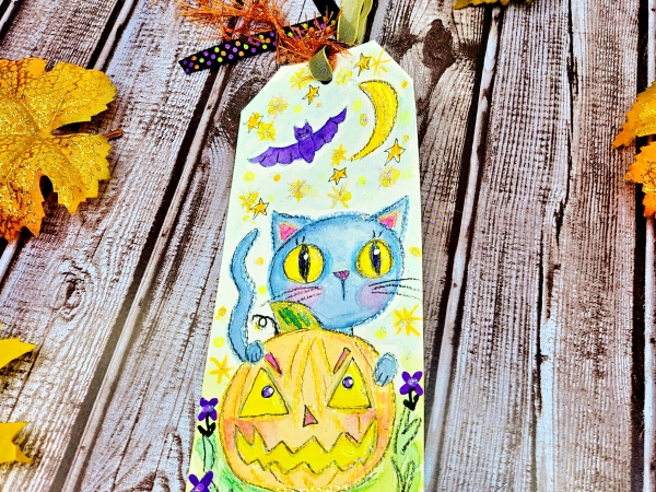 Halloween kitty cat with pumpkin original art tag