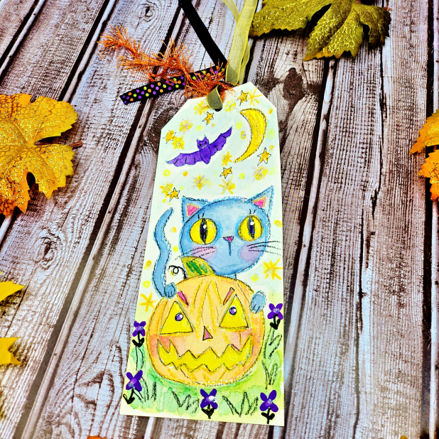 Halloween kitty cat with pumpkin original art tag