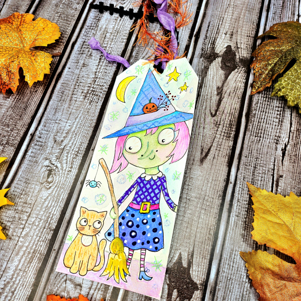 Witch & kitty Cat Halloween original art tag