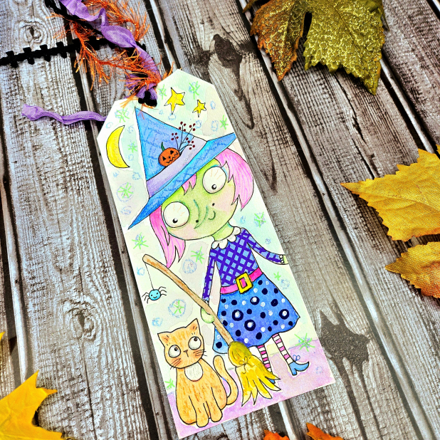 Witch & kitty Cat Halloween original art tag