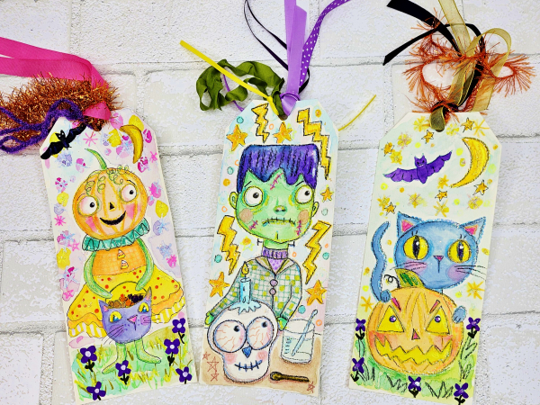 Frankenstein Monster with skull Halloween original art tag