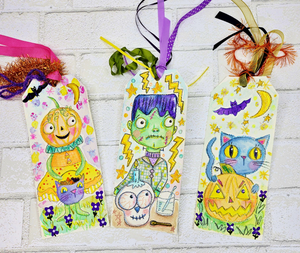 Pumpkin jack o lantern girl Halloween original art tag