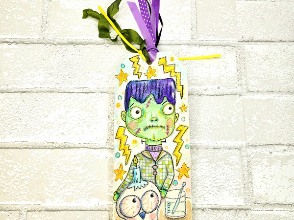 Frankenstein Monster with skull Halloween original art tag