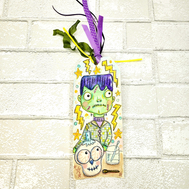 Frankenstein Monster with skull Halloween original art tag