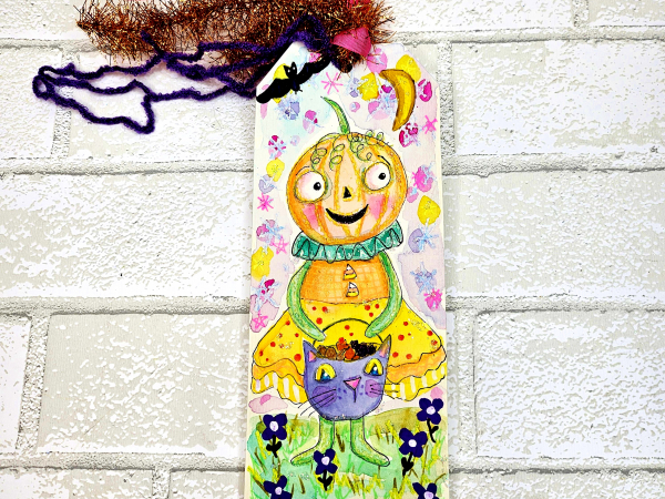 Pumpkin jack o lantern girl Halloween original art tag