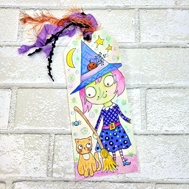 Witch & kitty Cat Halloween original art tag