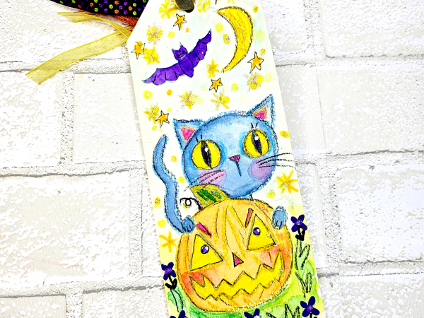 Halloween kitty cat with pumpkin original art tag