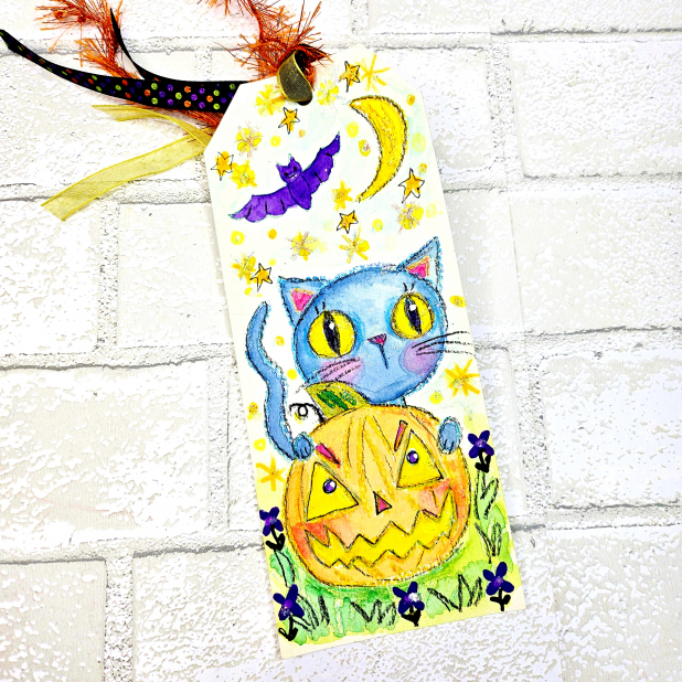 Halloween kitty cat with pumpkin original art tag