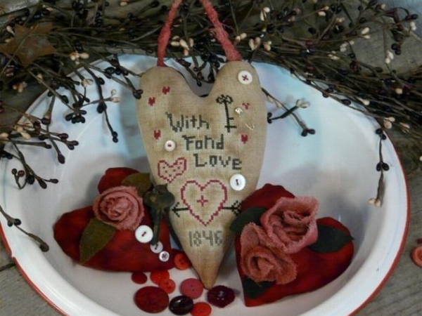 WITH FOND LOVE VALENTINE cross-stitch hearts Pattern