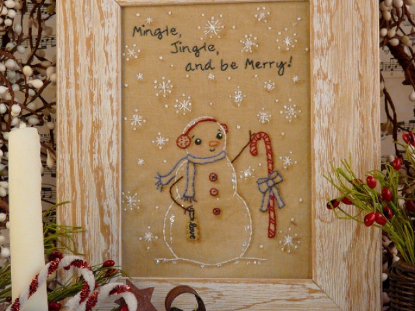 Mingle, jingle, and be merry snowman embroidery pattern