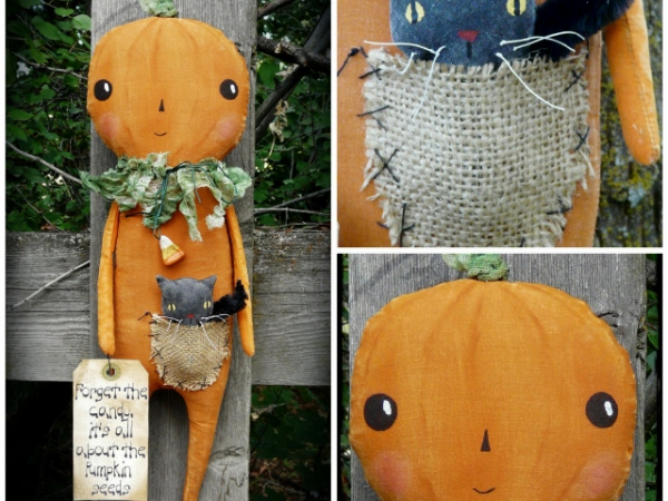 Peter Pumpkin doll and kitty cat pal pattern-prim primitive halloween