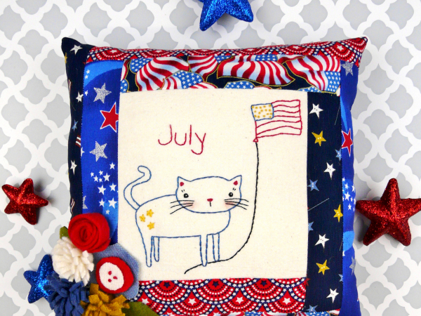 patriotic cat flag embroidery pattern with felt flowers