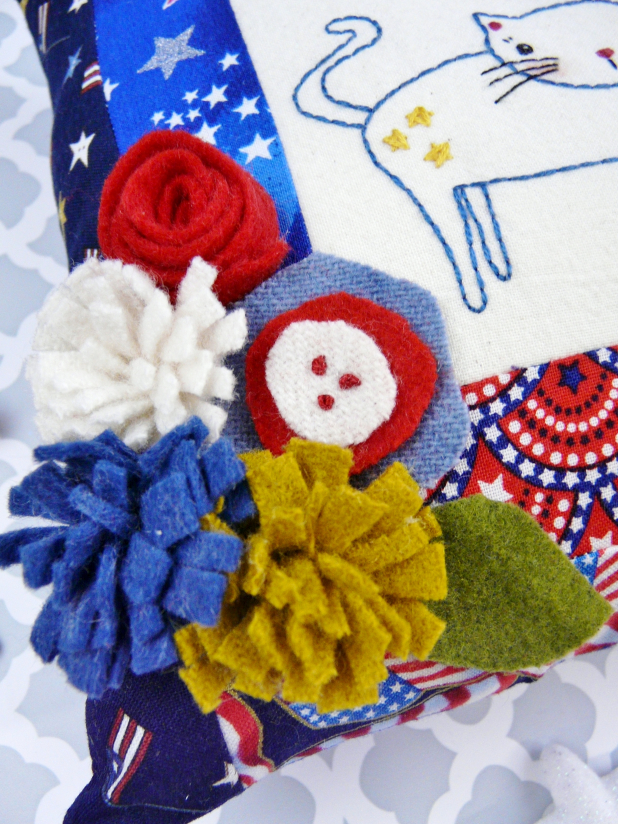 patriotic cat flag embroidery pattern with felt flowers
