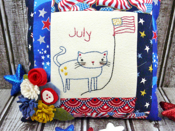 patriotic cat flag embroidery pattern with felt flowers