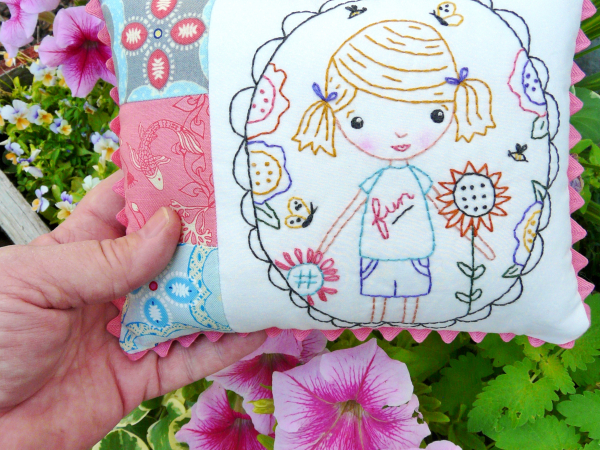 fun girl in the garden embroidery pillow pattern
