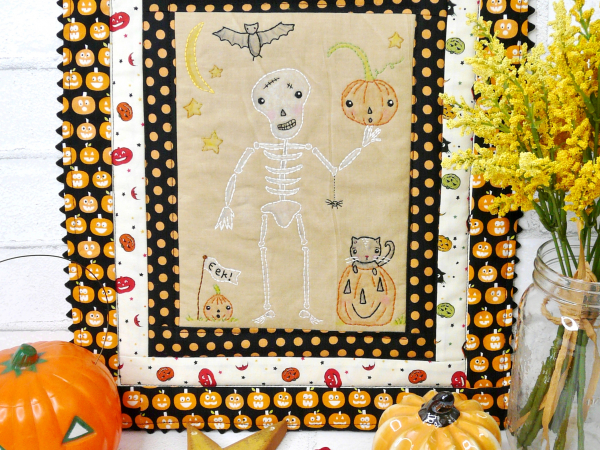 halloween skeleton, pumpkins & cat embroidery quilt pattern