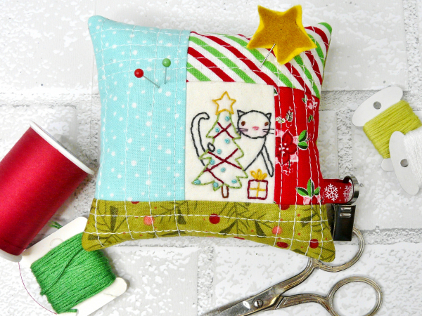 Christmas pincushions cat hand embroidery & fabric pattern