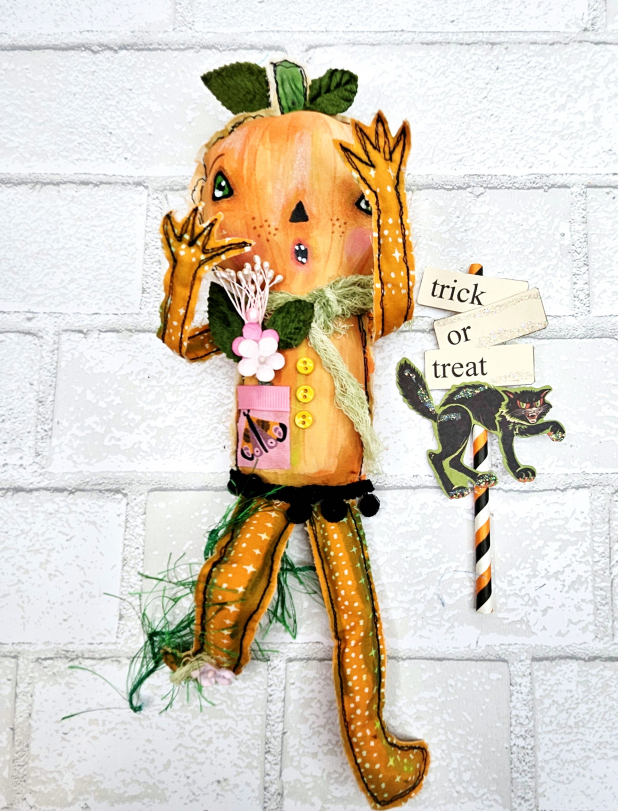 spooky pumpkin art doll muslin painted ooak collectable