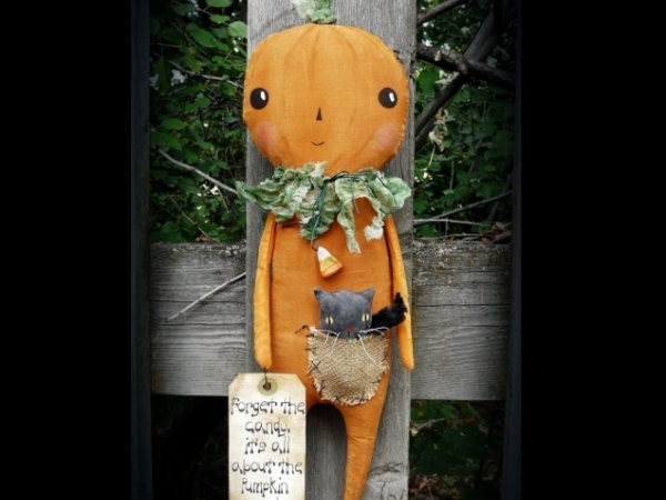 Peter Pumpkin doll and kitty cat pal pattern-prim primitive halloween