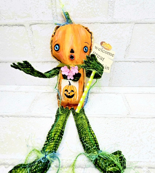 scary pumpkin art doll muslin painted ooak collectable