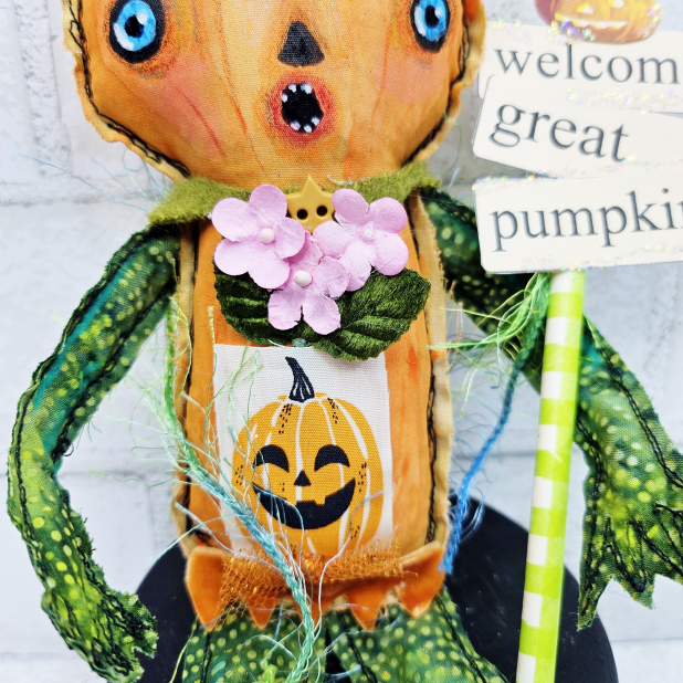 scary pumpkin art doll muslin painted ooak collectable