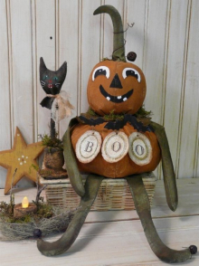 BOO Pumpkin man doll & cat pattern prim BOO Pumpkin man doll & cat pattern