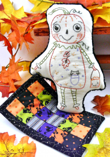 Halloween Pumpkin man embroidery doll and mini Quilt pattern, #388 hand embroidery halloween pumpkin doll pattern