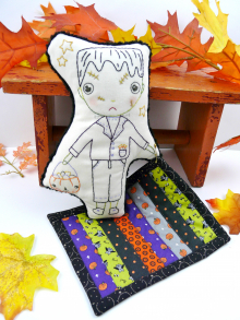 Halloween Frankenstein embroidery doll and mini Quilt pattern, #390 Frankenstein monster doll with quilt pattern