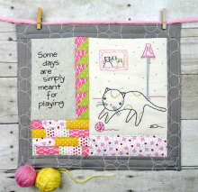 Kitty cat play days embroidery mini quilt pattern, #395 Some days are simply meant for playing