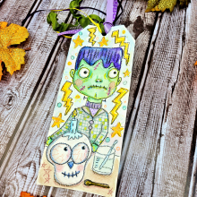 Frankenstein Monster with skull Halloween original art tag