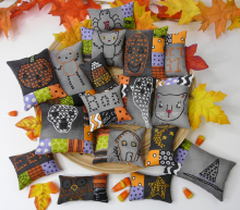 Halloween faux cross stitch ornaments & bowl fillers pattern, #422 Halloween embroidery patchwork ornaments on dark fabric pattern