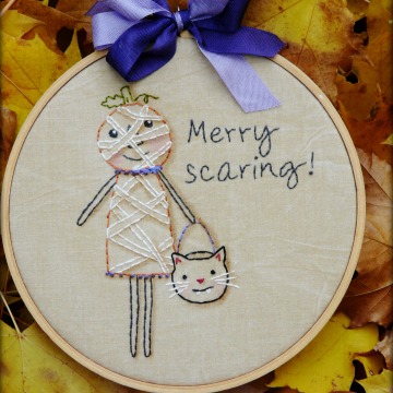 Halloween Merry scaring embroidery Pattern  - pumpkin cat primitive stitchery seam binding hoop art
